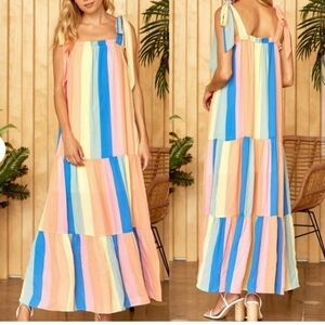 Emily Wonder Rainbow Striped Tie-Strap Tiered Ruffle Maxi Dress Size 2XL